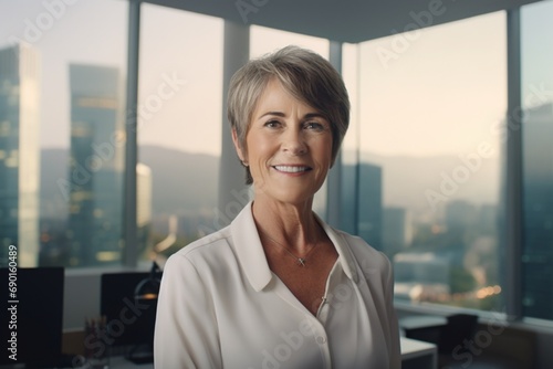A senior female executive, realistic HD close-up, showcasing a content smile with a panoramic city view softly focused