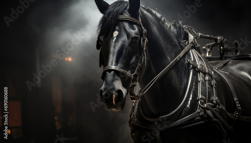 Recreation of a black horse with harness  © bmicrostock