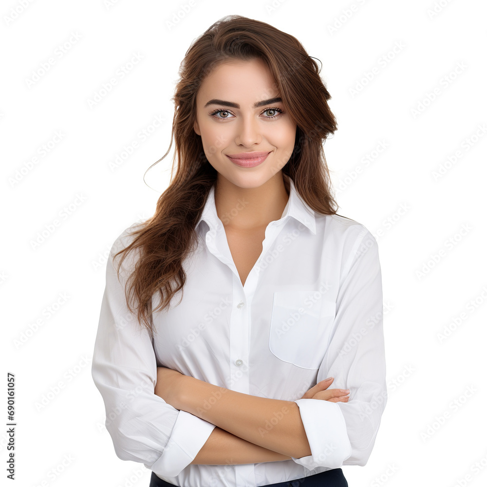 Cheerful brunette business woman, with long dark hair and a white collared shirt, standing with their arms crossed against a white background Cheerful brunette business woman, with long dark hair and a white collared shirt, standing with their arms crossed against a white background