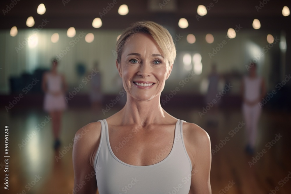 A middle-aged female dancer, realistic HD close-up, displaying a graceful smile with a dance studio setting blur