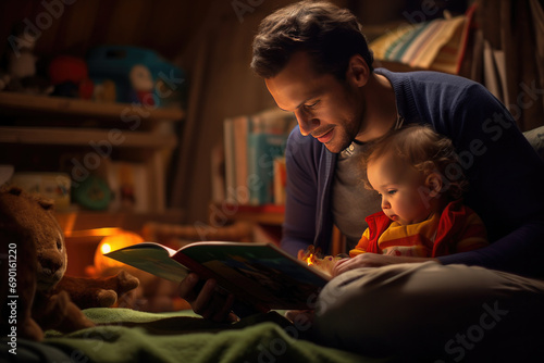 Father and toddler enjoying bedtime story together. Family bonding time. photo