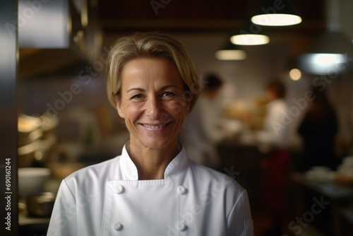 A middle-aged female chef, realistic HD close-up, smiling warmly in a gourmet kitchen setting blur
