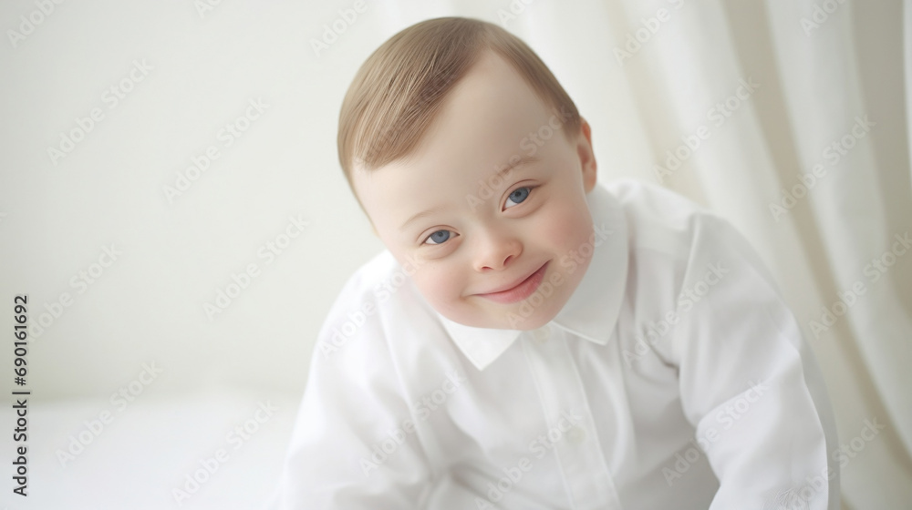 Portrait of a happy smiling child with down syndrome  looking at the camera on a white bright blurred studio background