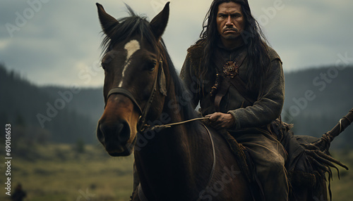 Recreation of a indigenous American riding a horse photo