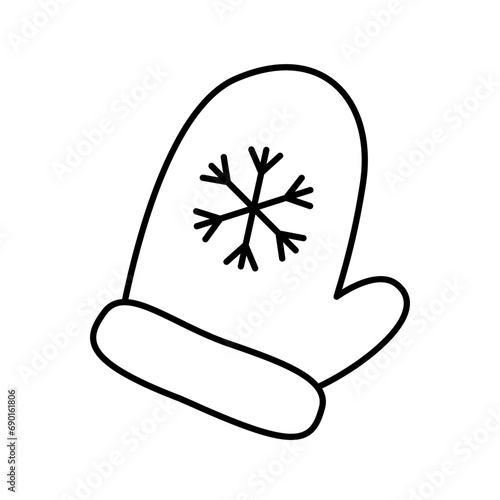 Christmas mitten with snowflake. Home decoration. Xmas mitten Icon. Merry Christmas and Happy New Year. Cute vector illustration in linear style