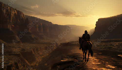 Recreation of a cowboy riding horse in the grand canyon at sunset