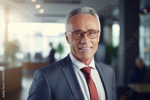 A seasoned businessman in his 60s  realistic HD close-up  displaying a wise  welcoming smile with a classic office setting blur