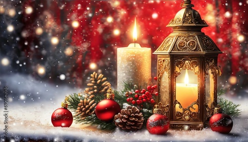 Bożonarodzeniowe tło z lampionem, świecą, czerwonymi bombkami, śniegiem i ozdobami świątecznymi