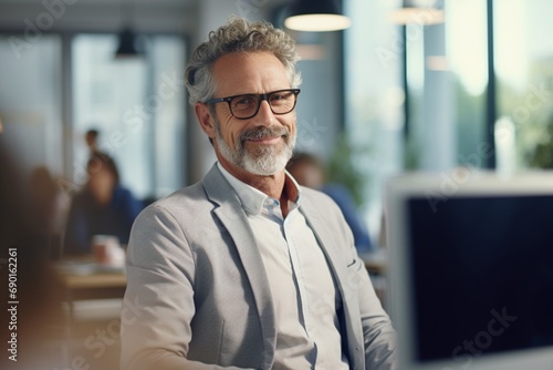 A senior businessman with a warm, approachable smile, realistic HD close-up, in a high-tech startup office setting blur