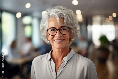 A senior businesswoman in her 60s, realistic HD close-up, displaying a wise, warm smile with a modern office setting blur