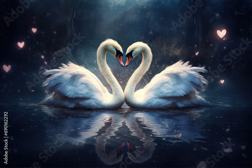 Fototapeta Naklejka Na Ścianę i Meble -  two beautiful swans on a lake shape heart, romantic swan during valentine's day, AI Generative