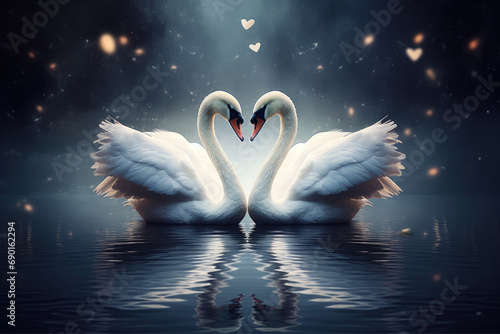 Fototapeta Naklejka Na Ścianę i Meble -  two beautiful swans on a lake shape heart, romantic swan during valentine's day, AI Generative