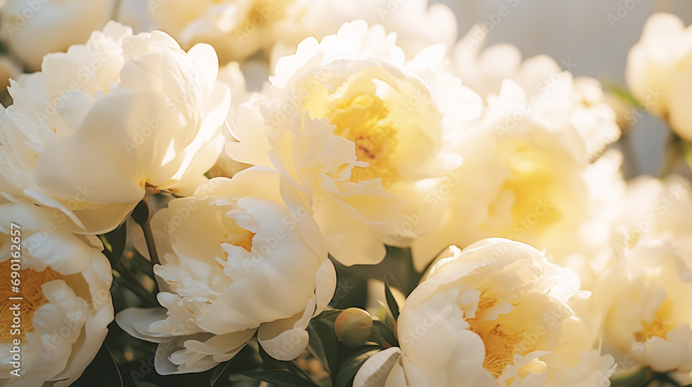 Bouquet of stylish peonies close-up. White peony flowers. Close-up of flower petals. Floral greeting card or wallpaper. Delicate abstract floral pastel background. Greeting card. Generated AI
