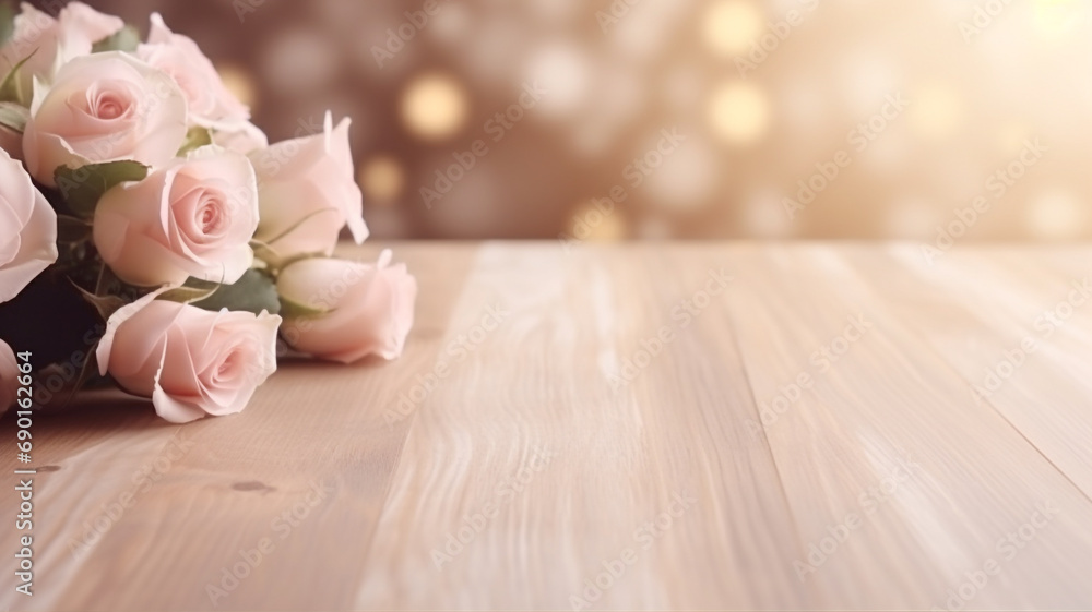 blank wood table top and a blurred bouquet wedding interior. - Valentine's day concept. - obrazy, fototapety, plakaty 