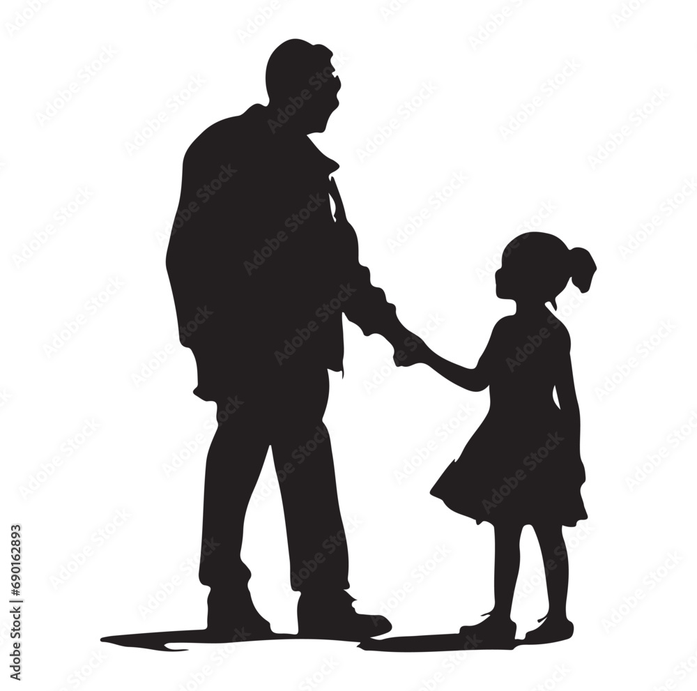 Vector silhouette of grandfather with granddaughter walks on park on white background. Symbol of family in the garden.