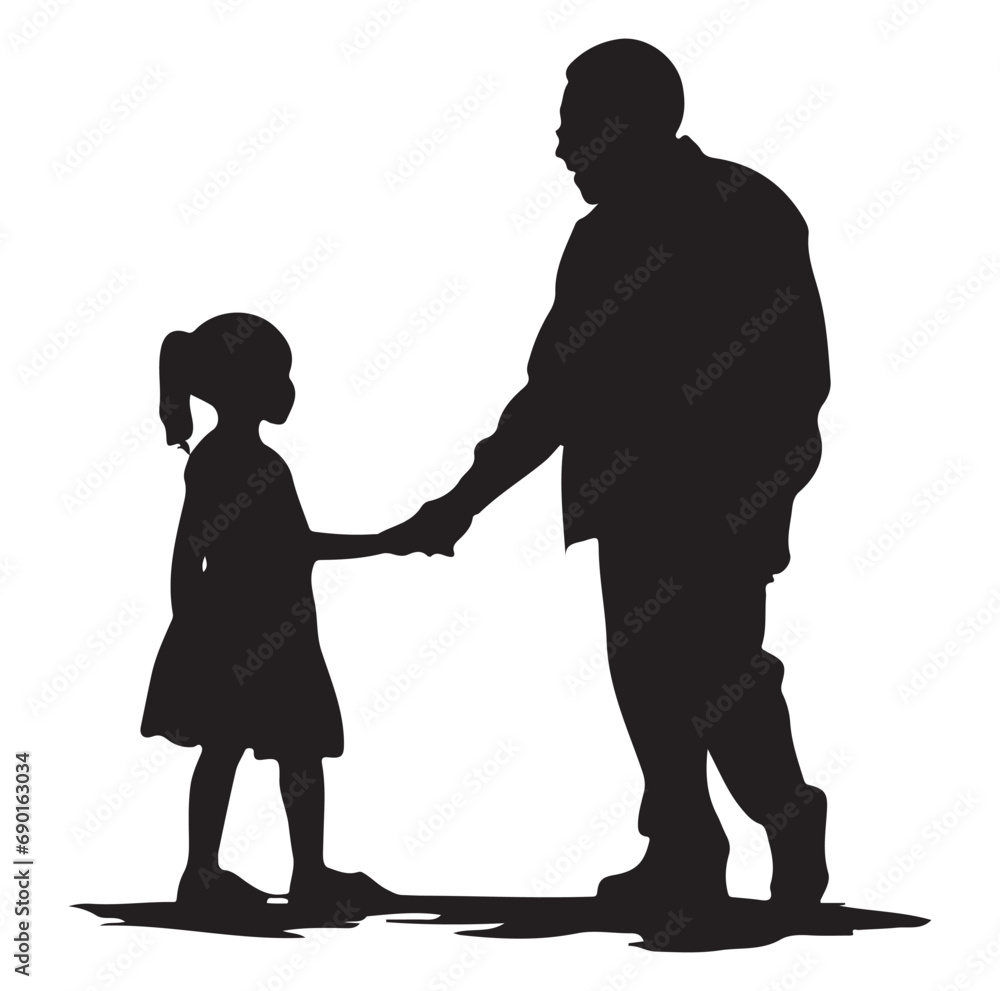 Vector silhouette of grandfather with granddaughter walks on park on white background. Symbol of family in the garden.