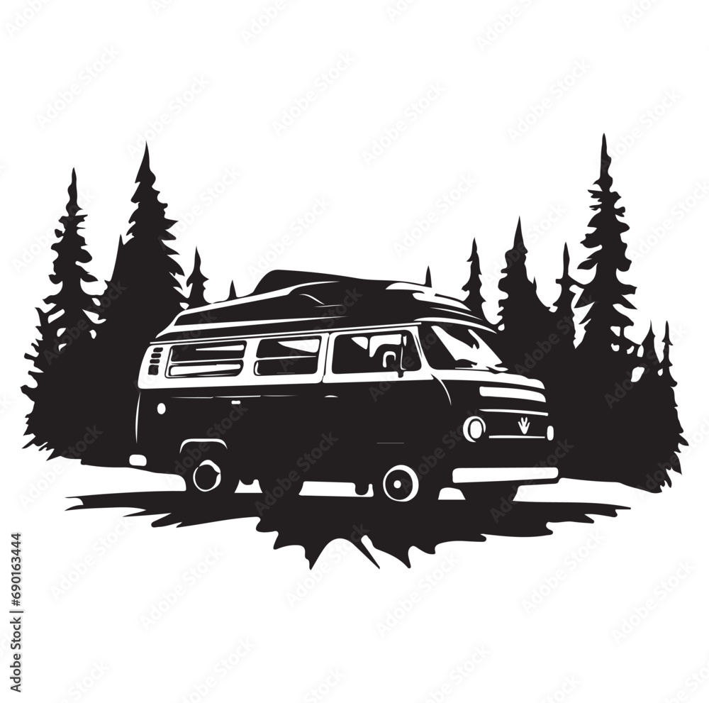 Camper in the Woods and Mountain, Camping in the Nature, Hand Drawn Vector Illustration