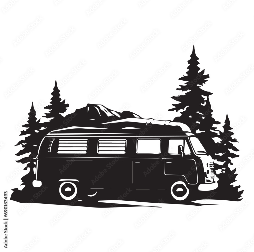 Camper in the Woods and Mountain, Camping in the Nature, Hand Drawn Vector Illustration Camper in the Woods and Mountain, Camping in the Nature, Hand Drawn Vector Illustration