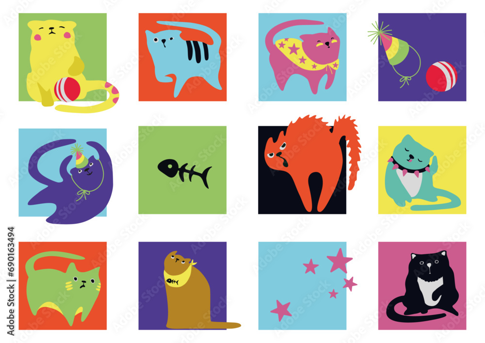 Fototapeta premium Colorful cats. Hand drawn funny characters. Collection of vector illustrations, isolated objects
