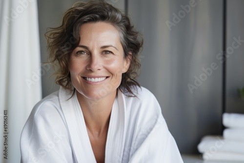 Headshot of happy smiling beautiful middle aged woman wearing bathrobe at spa salon hotel looking at camera. Wellness spa procedures advertising. Skincare concept. photo