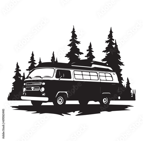 Camper in the Woods and Mountain, Camping in the Nature, Hand Drawn Vector Illustration