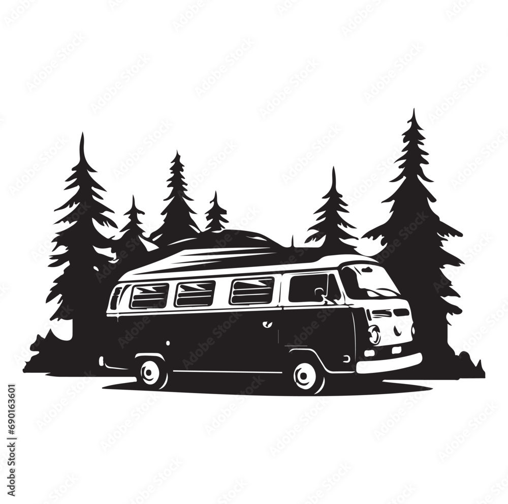 Camper in the Woods and Mountain, Camping in the Nature, Hand Drawn Vector Illustration