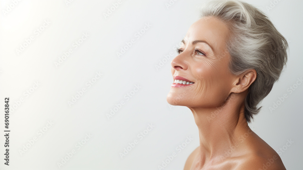 Naklejka premium side view Attractive gorgeous mature older woman looking at camera isolated on white background advertising skincare spa treatment. Mid age tightening face skin care rejuvenation cosmetics concept.