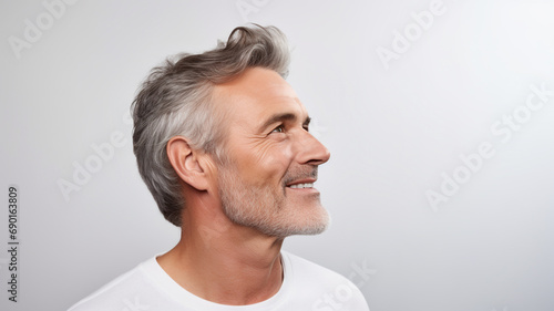 side view Attractive gorgeous mature older man looking at camera isolated on white background advertising skincare spa treatment. Mid age tightening face skin care rejuvenation cosmetics concept.