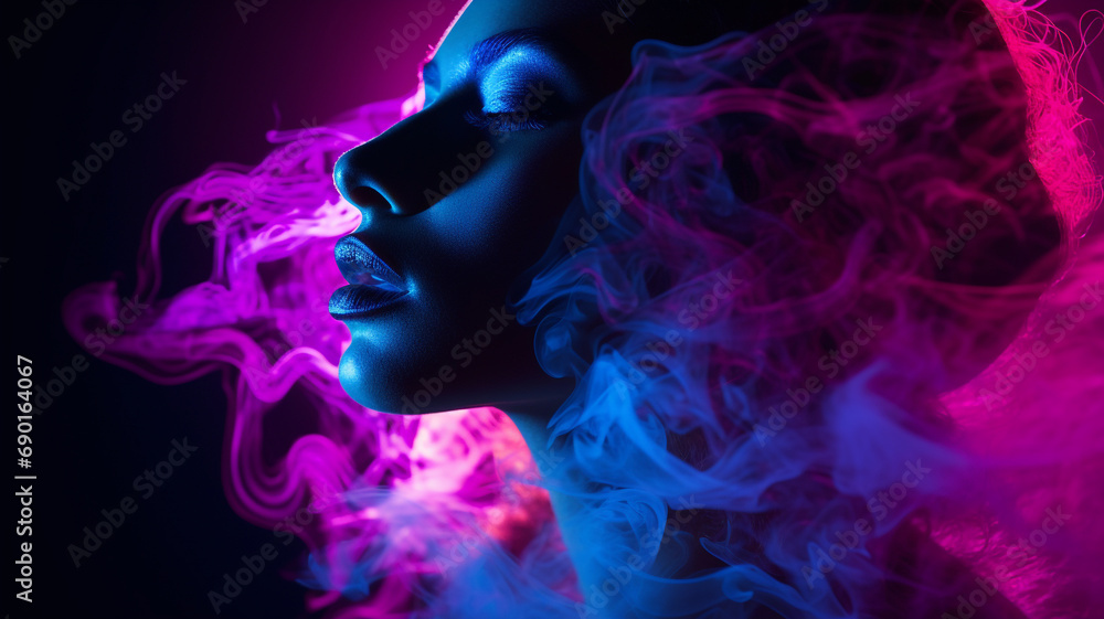 woman face shadows with neon light and dark. woman face shadows with neon light and dark.