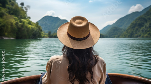 young woman tourist on the boat at lake  in asia © sema_srinouljan
