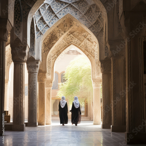 iran two islamic women walking in temple.