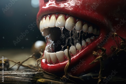 Creepy red devil teeth and mouth, halloween concept, Acute toothache, AI Generated