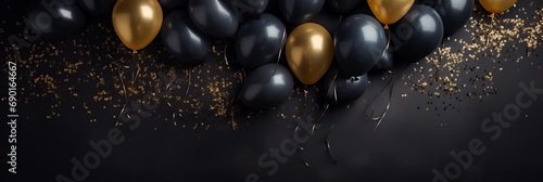 Black and Gold Balloons on Dark Background. Party or Birthday Celebration with Confetti