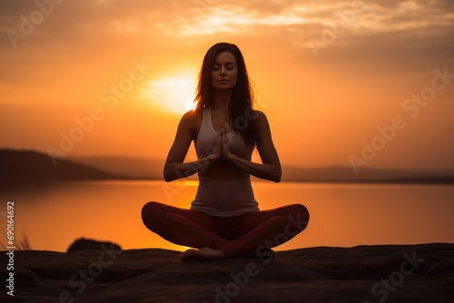 Young woman practicing yoga on the beach at sunset. Padmasana, Adult yogi woman doing yoga, AI Generated