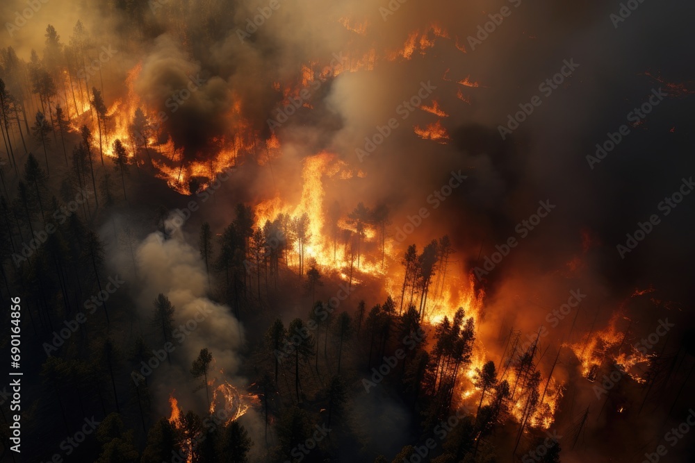 Forest fire. Burning dry grass and trees in the smoke. Natural disaster, Aerial view of a burning forest, Wildfire, global warming and climate change concept, AI Generated
