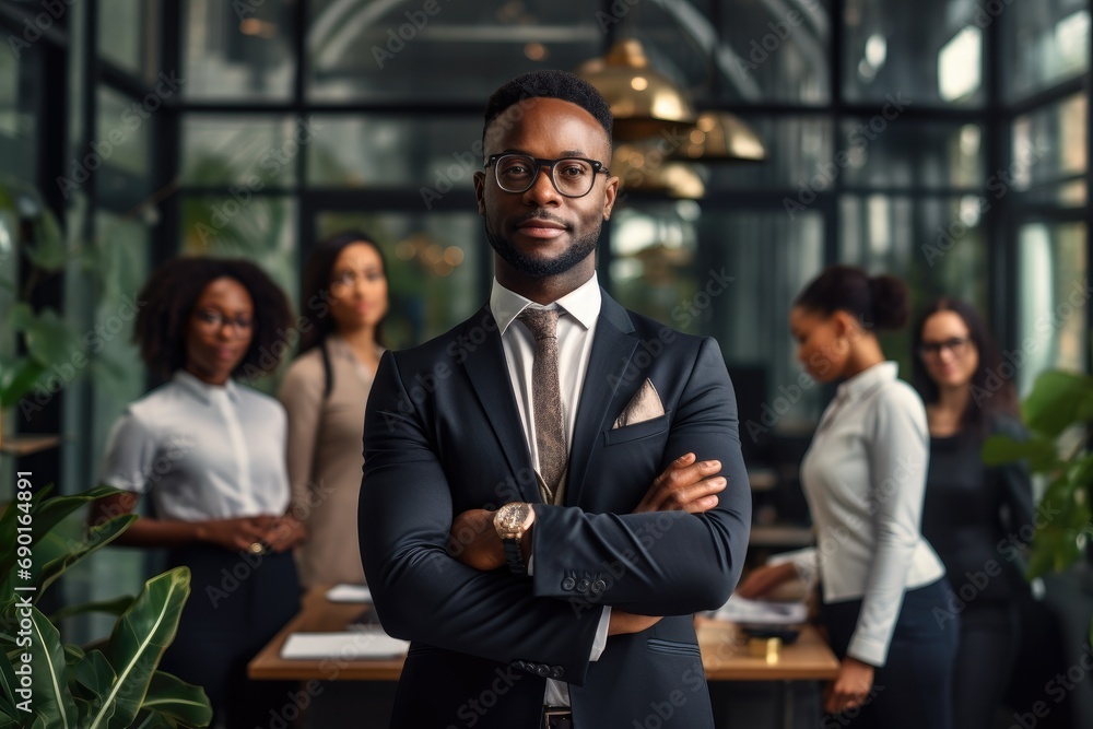 Fototapeta premium Portrait of confident african american businessman with crossed arms standing in modern office, African American Businessman Boss With Group Of Business People In Creative Office, AI Generated