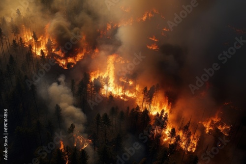 Forest fire. Burning dry grass and trees in the smoke. Natural disaster, Aerial view of a burning forest, Wildfire, global warming and climate change concept, AI Generated