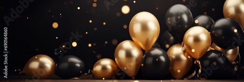 Black and Gold Balloons and Confetti on Dark Background. Festive Greeting Card with Space for Text