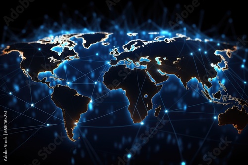 World map glowing on blue background. Globalization concept. 3D Rendering, Abstract world network connection on a glowing world map, black background, AI Generated