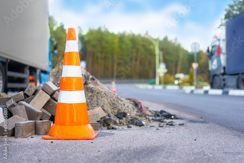 Road orange traffic cone on road, road works