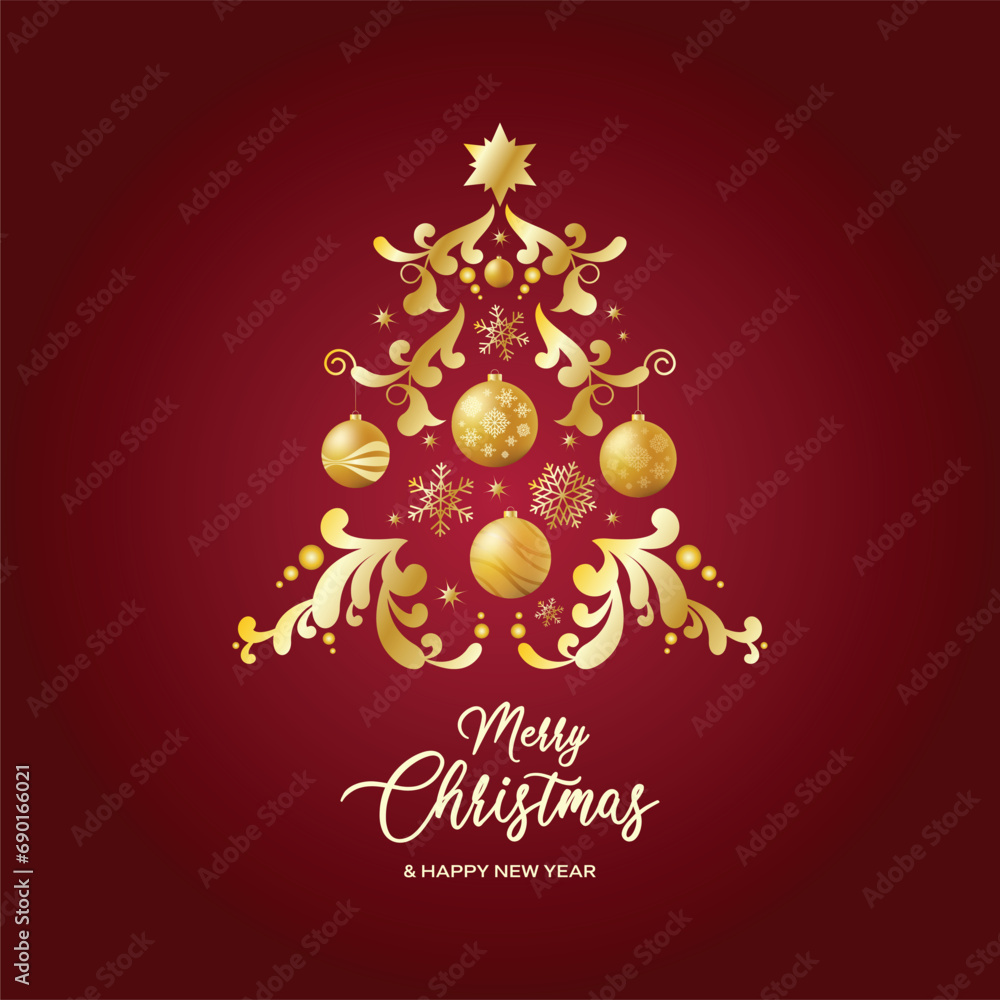 Merry Christmas and Happy New Year greeting card with stylized golden christmas tree on a red background. Beautiful golden luxury abstract christmas tree icon vector. Gold shiny christmas bauble tree