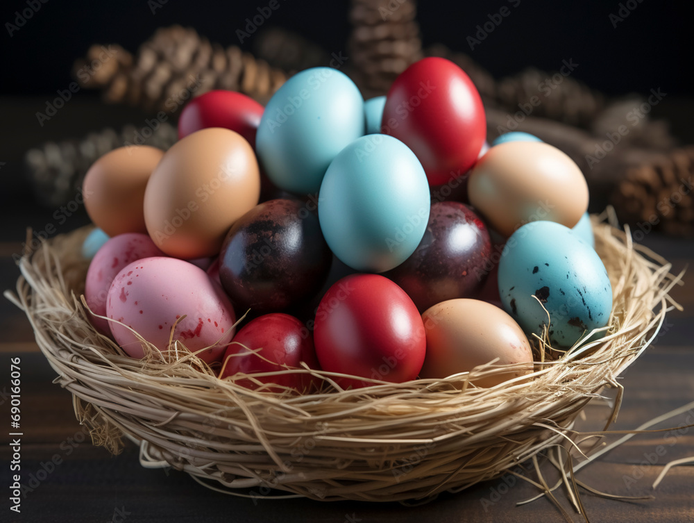 Different colored Easter eggs lie in a green meadow full of daisies, AI generated Different colored Easter eggs lie in a green meadow full of daisies, AI generated