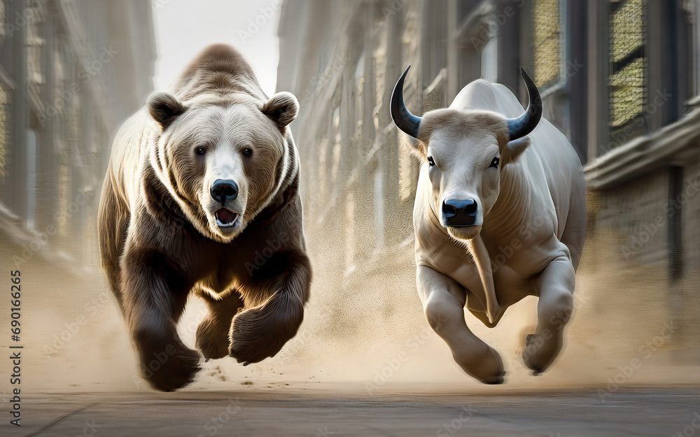 Bear and bull running side by side through a financial district - the two symbolic beasts of finance at a rally - obrazy, fototapety, plakaty 