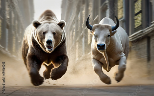 Bear and bull running side by side through a financial district - the two symbolic beasts of finance at a rally photo