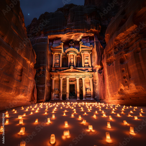 jordan petra night treasury with candles on ground.