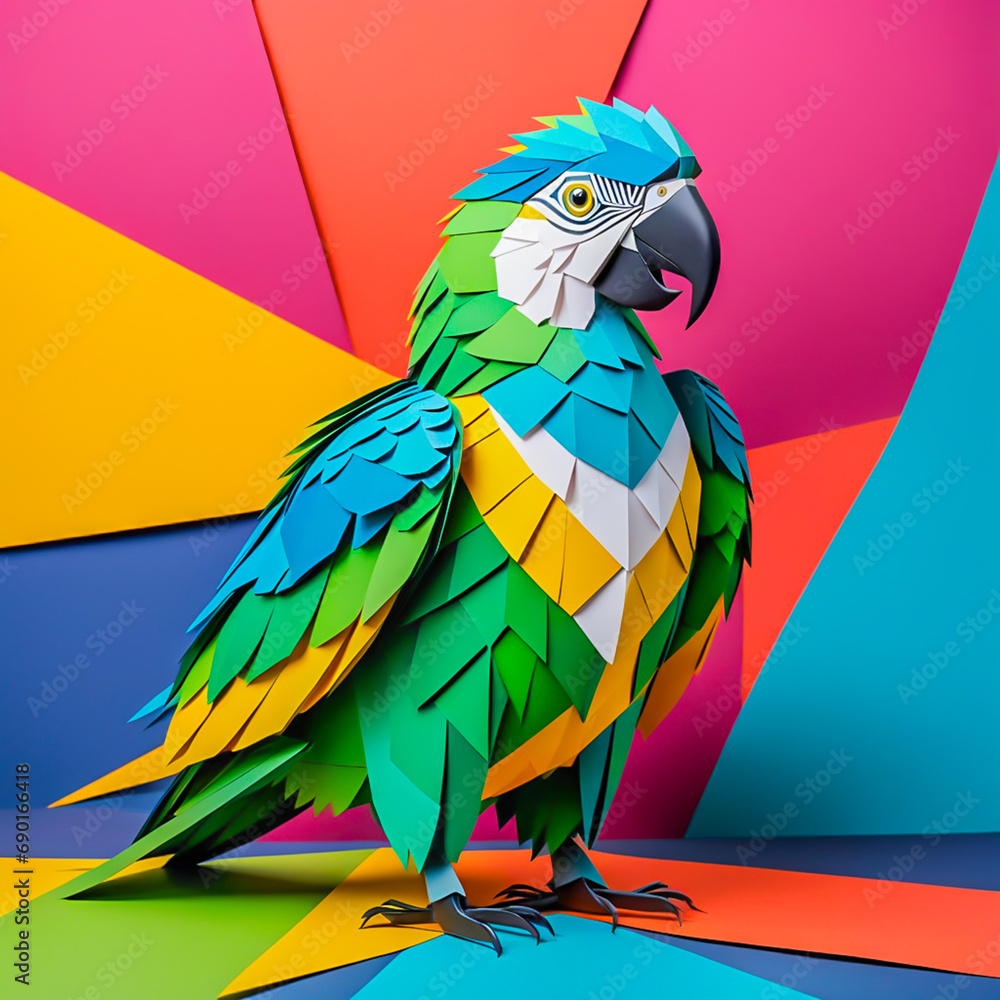 Fototapeta premium Parrot made of paper on the abstract background.
