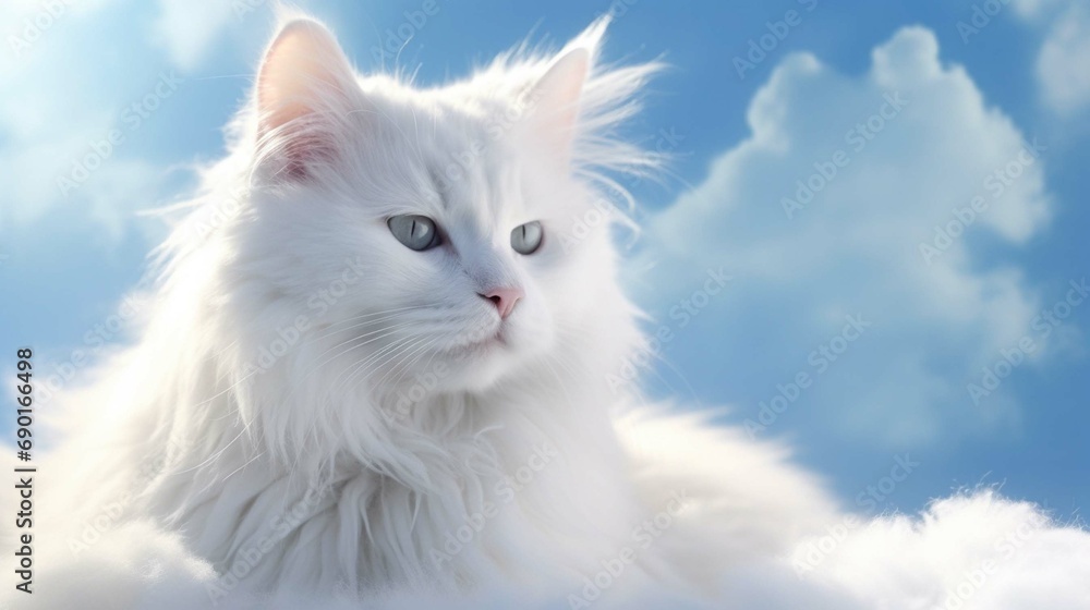 
Beautiful white fluffy turkish angora cat on snow background
