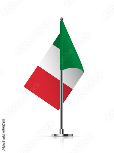 Flag of Italy on pole vector illustration. 3D realistic flagpole on mini steel vertical stand, isolated desktop flagstaff, green, white and red italian flag with stripes on metal sticks