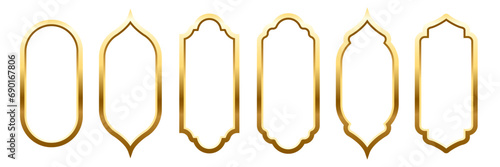 Islam mosque windows and arches vector illustration set. Abstract isolated collection of gold silhouettes frames in different shapes on white background, traditional Arabian design elements of decor