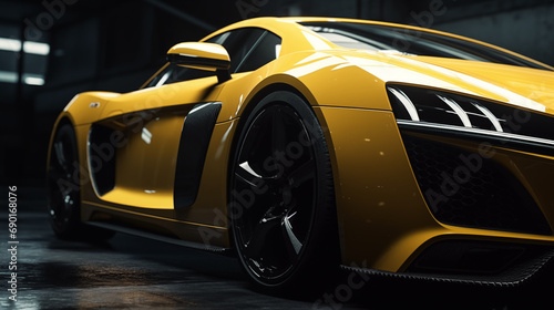 Closeup on front of generic and unbranded car A super yellow sports car background wallpaper illustration